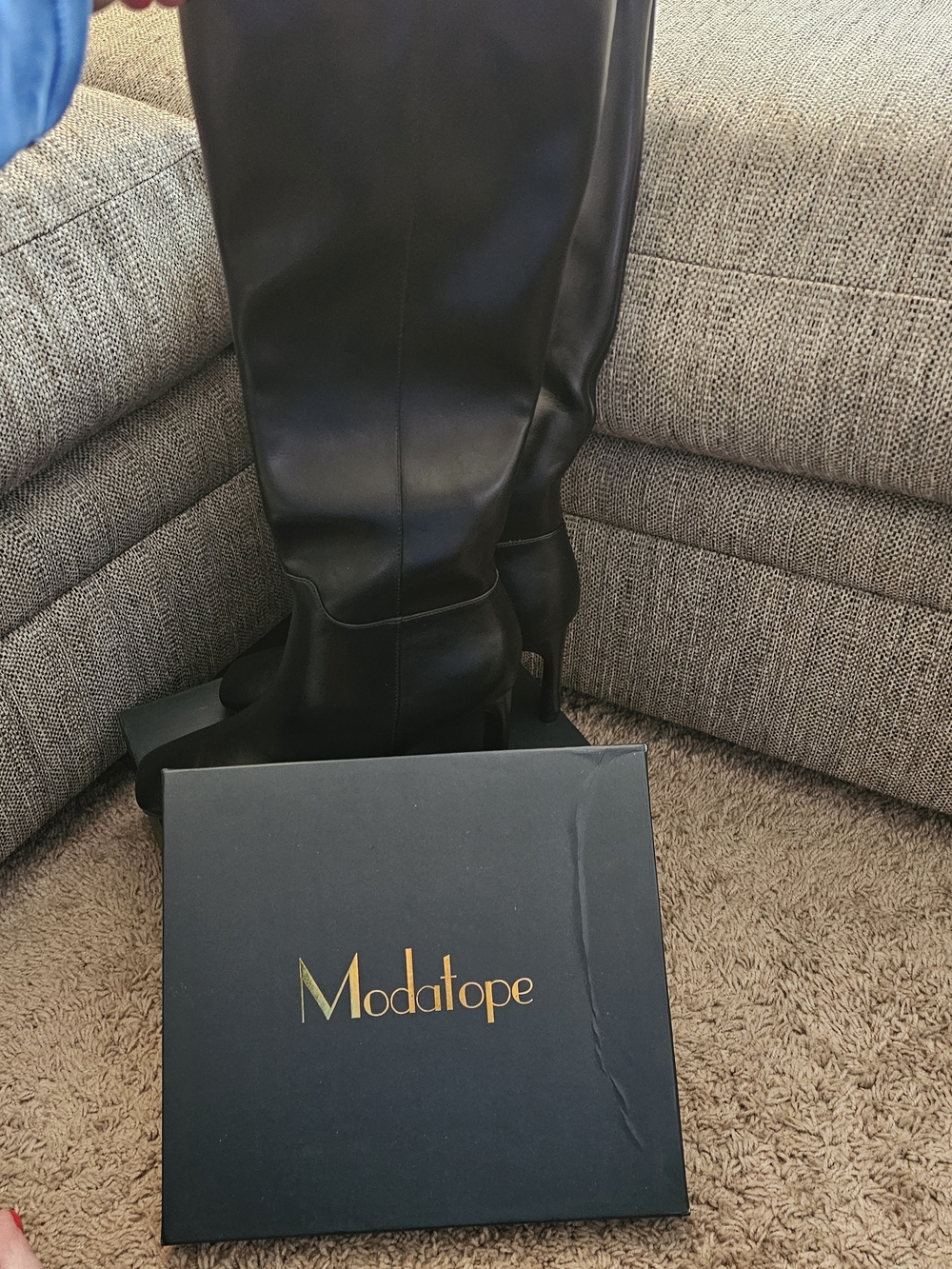 Modatope Black Leather-Look Knee-High Heeled Boots